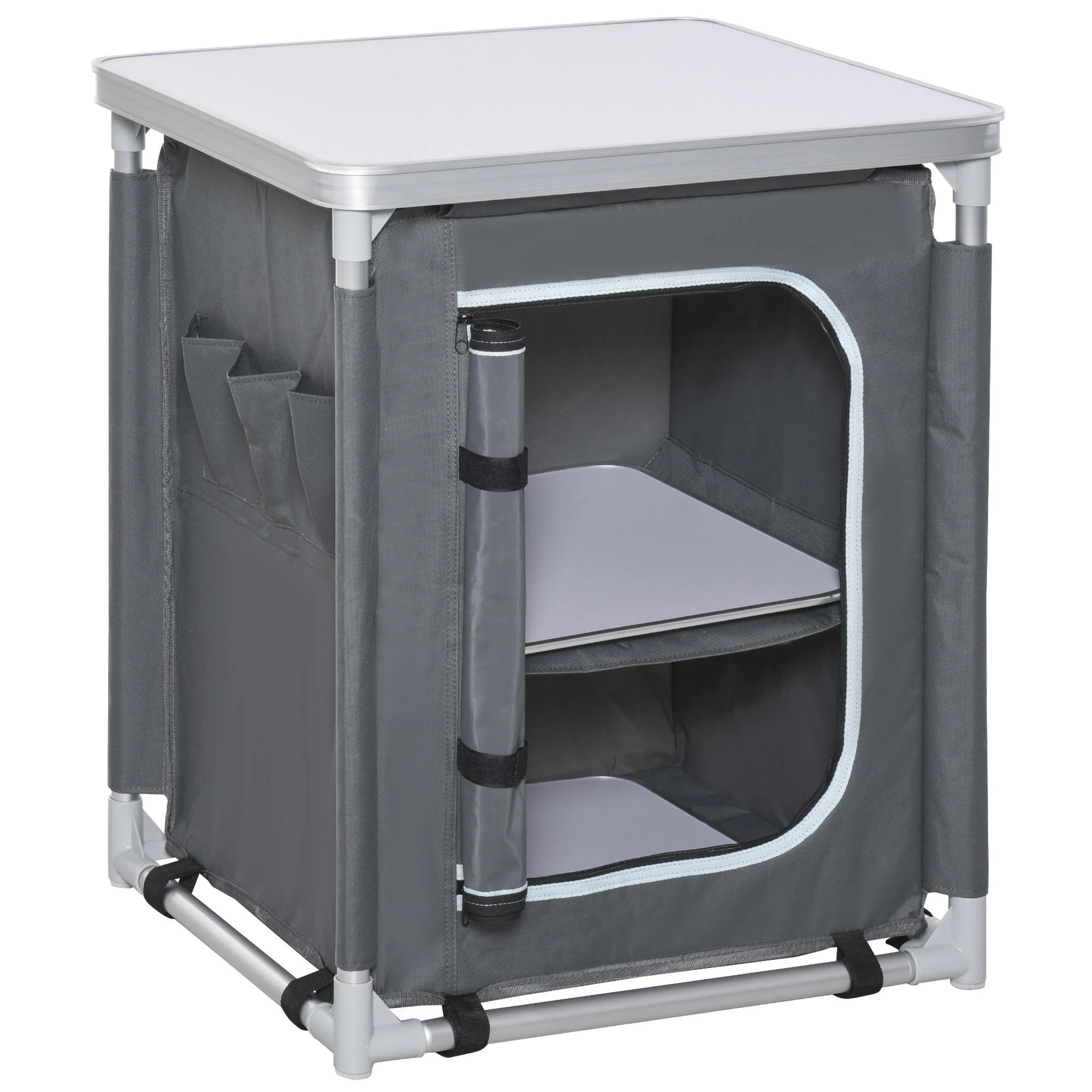 Mobile da Campeggio 2 Mensole 60x49x70 cm in Alluminio e Tessuto Oxford Grigio